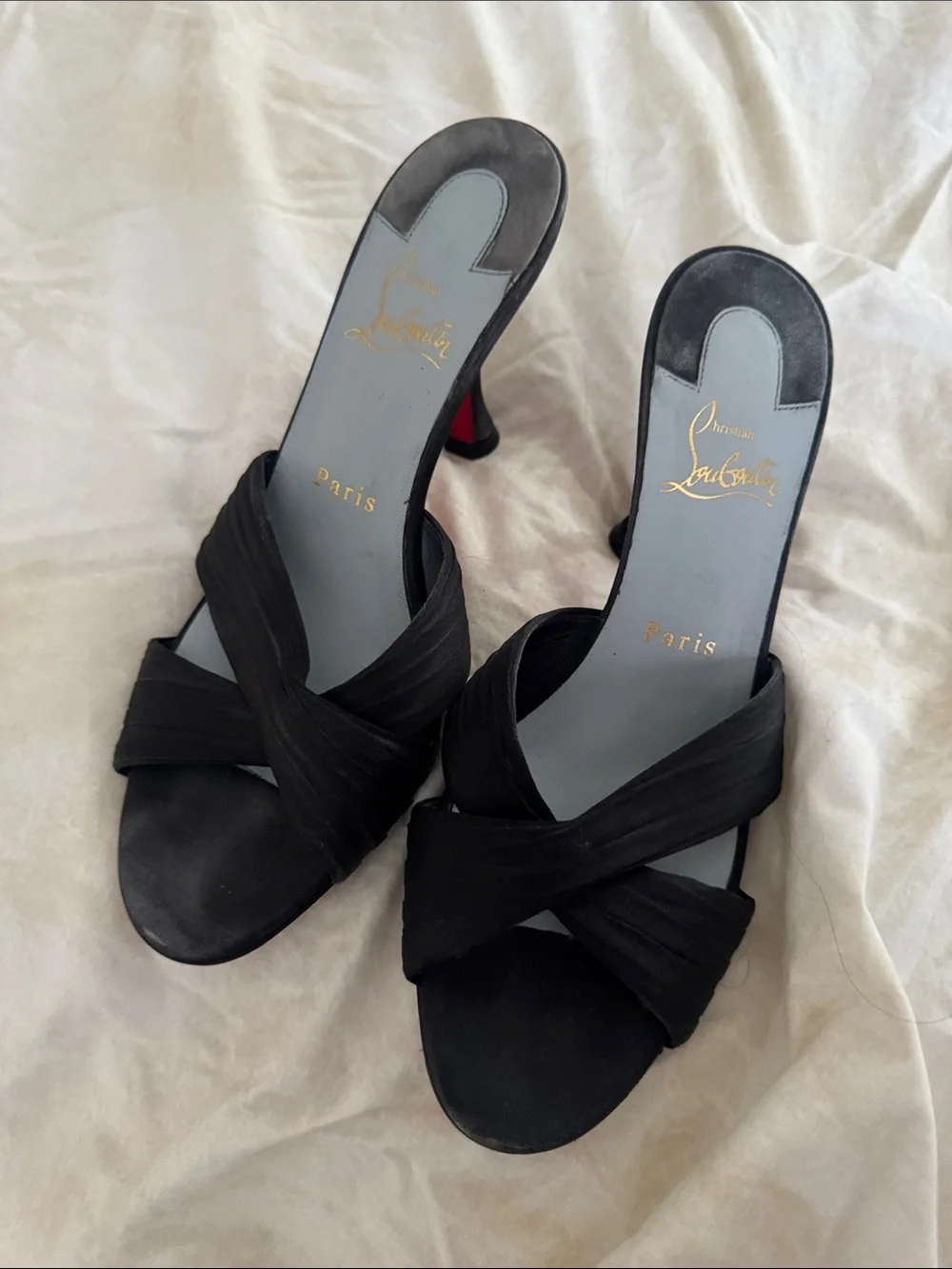 Christian Louboutin Black Leather Heeled Sandals with Signature Red Soles - Picture 2 of 8